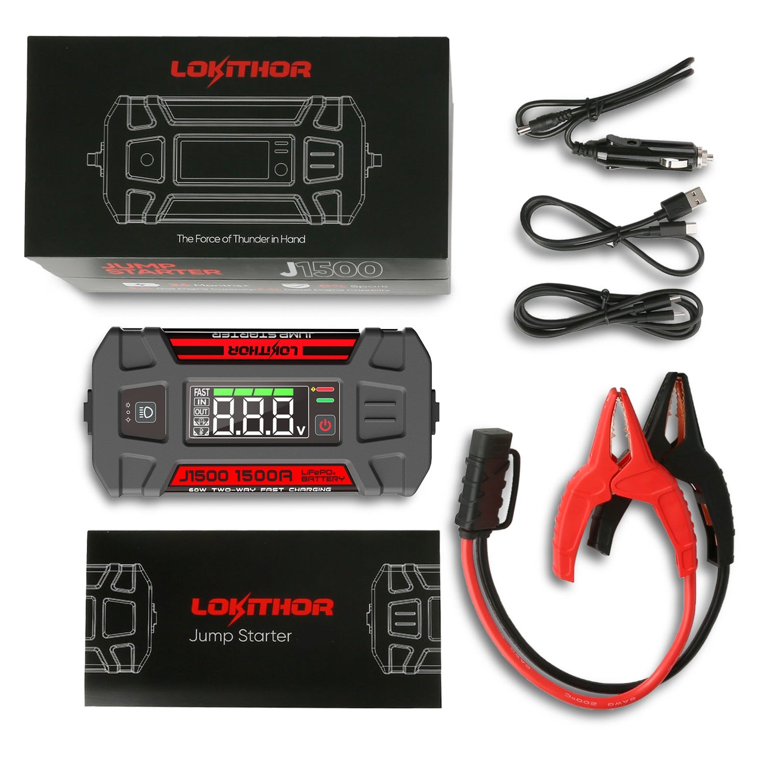Lokithor J1500 1500A 12V 46Wh Lithium Jump Starter 4S LiFePO4 Type-C PD60W Two-way fast charging