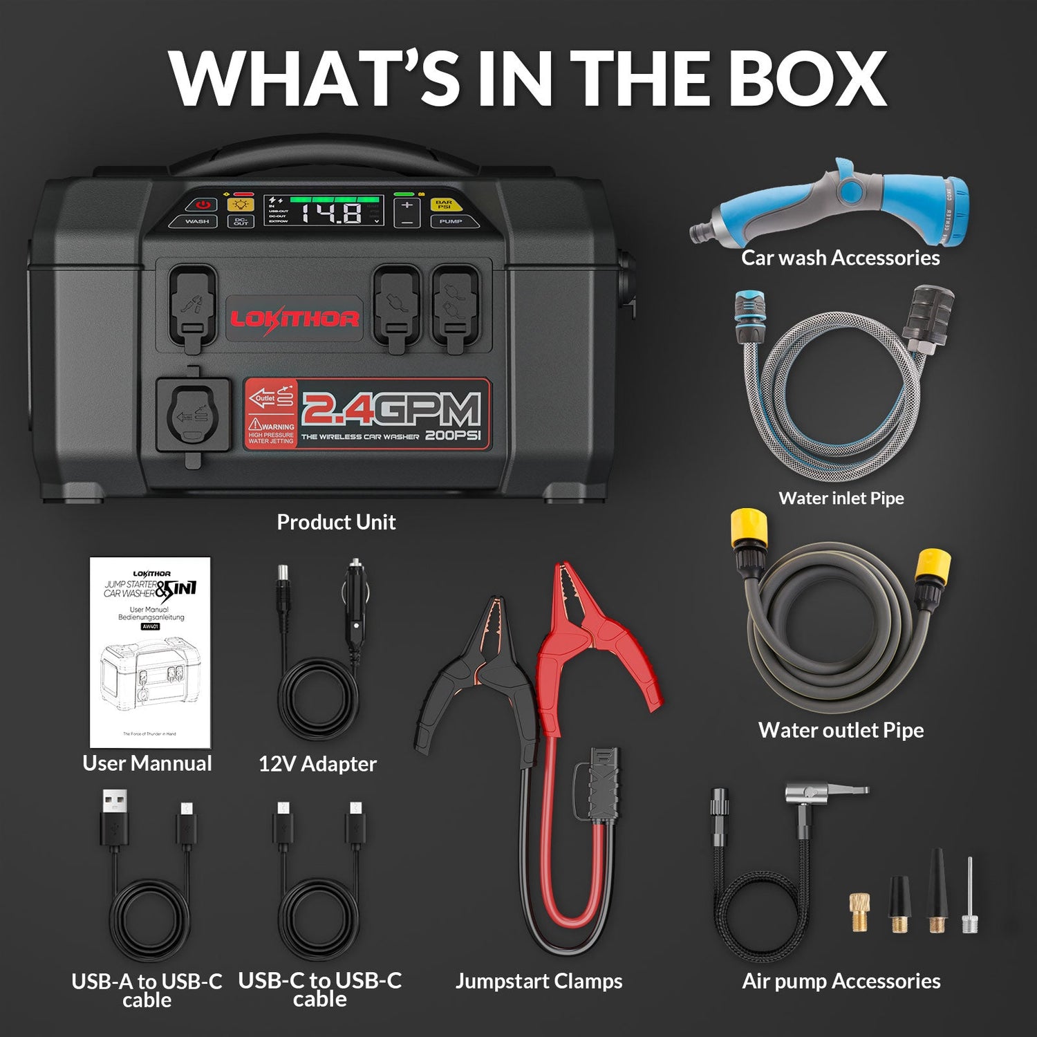 Lokithor AW401 12V 2500A 74Wh Lokithor Jump Starter / Car Washer / Power Bank / Led Light / Air Inflator 5 IN 1